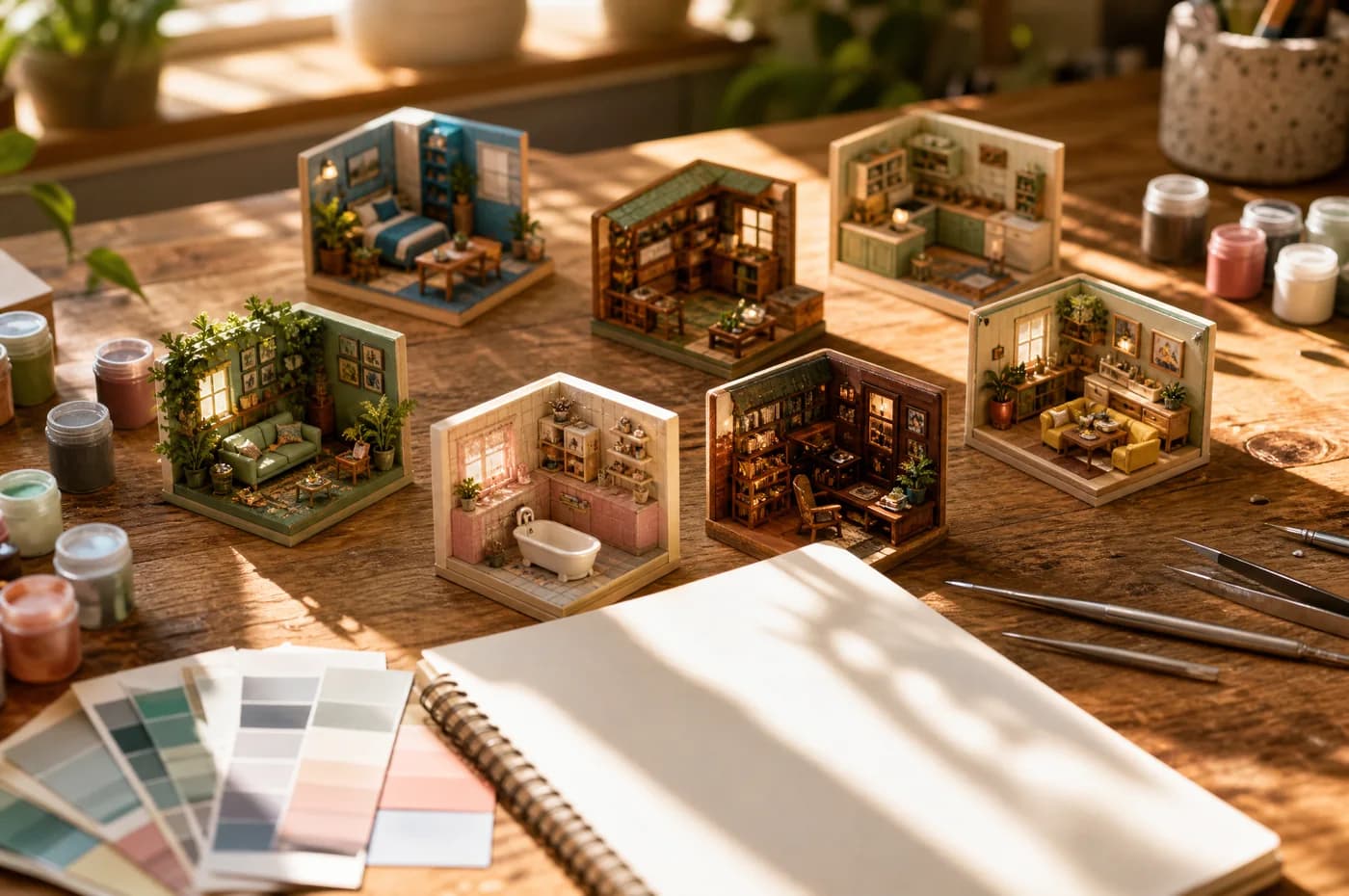 Workbench with tiny room models and paint pots, AI-generated scene